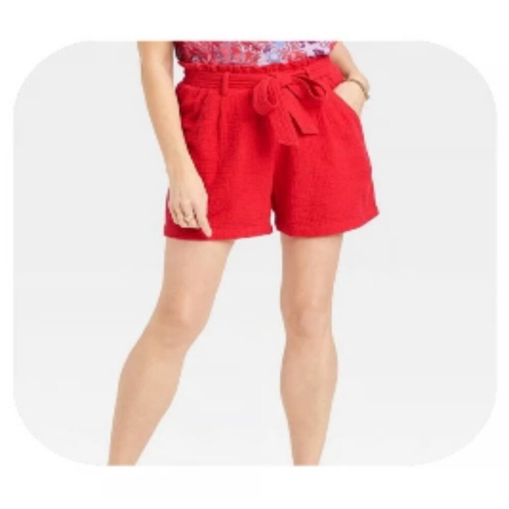 Knox Rose Women's Eyelet Shorts Plus Size 2X Red Cotton Elastic Waist Front Tie